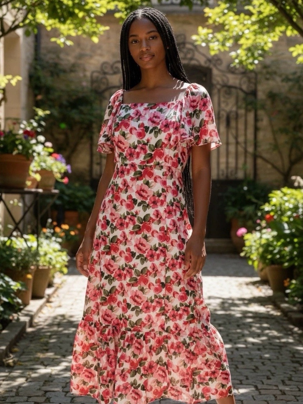 Julia Jordan NWT Red Floral Square Neckline Puff Sleeve Midi Dress Size 12